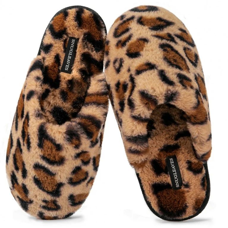 Snug Leaves Women's Fuzzy House Memory Foam Slippers Cute Furry Leopard Print Faux Fur Lined Clos... | Walmart (US)