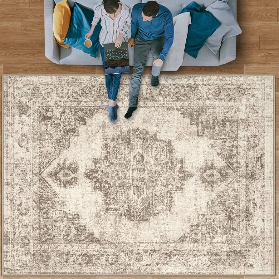 Area Rug 8x10 Vintage Rug: Large Washable Indoor Medallion Rug Low Pile Distressed Floor Carpet R... | Amazon (US)
