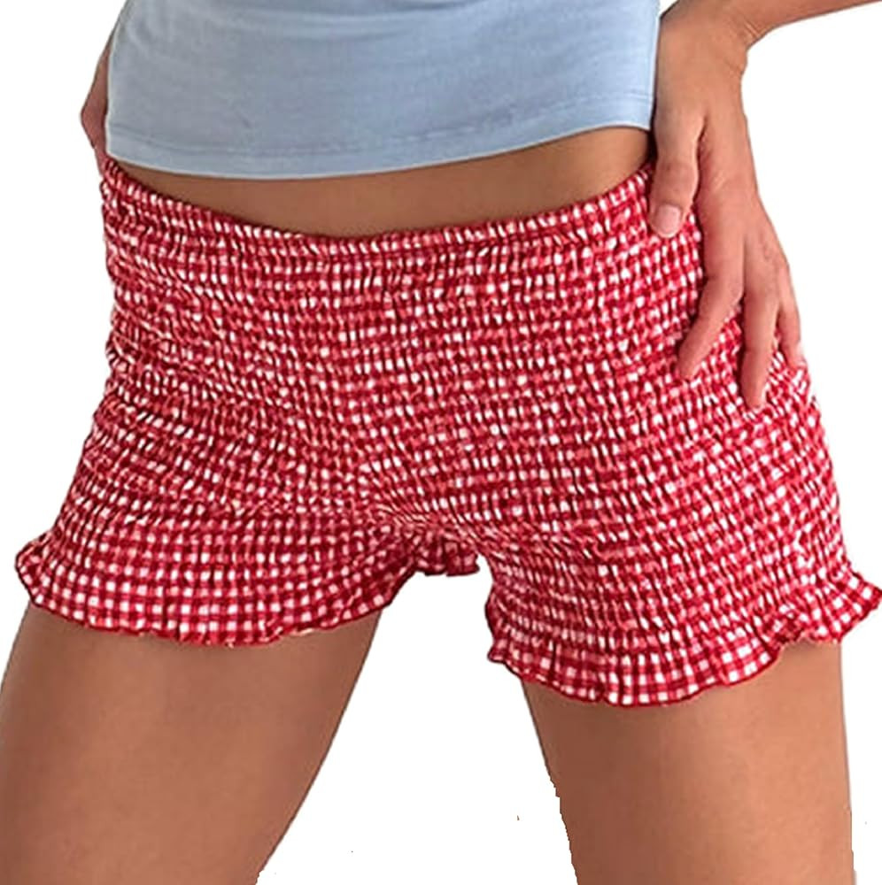NUFIWI Women Gingham Boy Shorts Smocked Plaid Bloomers Cute Frill Ruffle Sexy Micro Shorts Bottom... | Amazon (US)