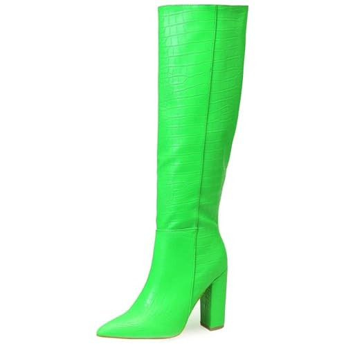 MUCCCUTE Knee High Boots for Women - Green Chunky High Heel Pointed Toe Fashion Faux Crocodile GoGo Boots, Block Heeled Boots with Side Zipper Pull-On | Amazon (US)