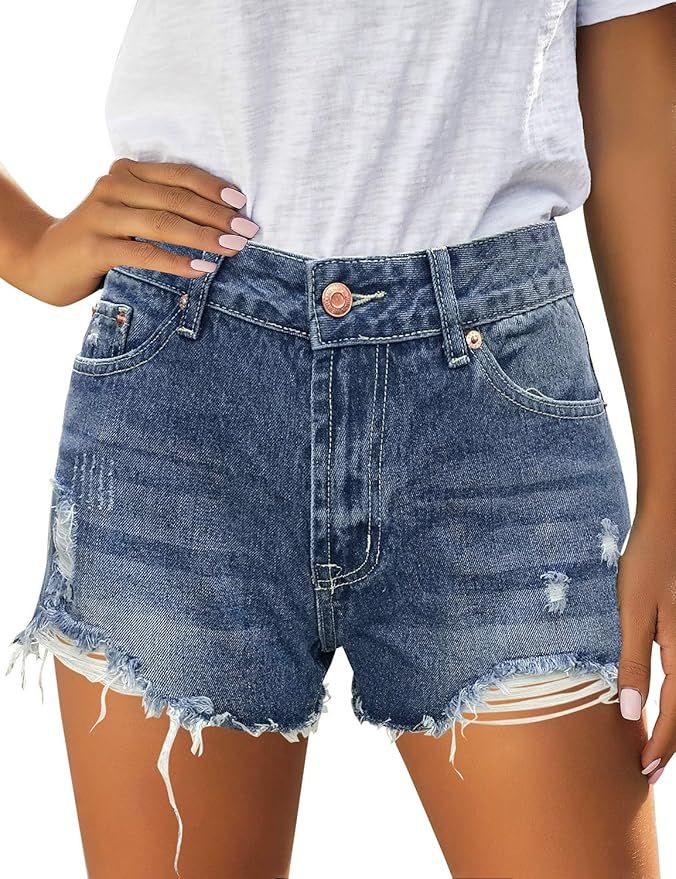 luvamia Women's Casual Denim Shorts Frayed Raw Hem Ripped Jeans Shorts | Amazon (US)