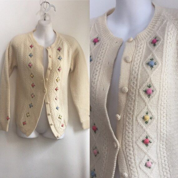 Vintage 60's Colorful Pastel FLOWER EMBROIDERED Cardigan Sweater / Wool / Made for English Sports... | Etsy (US)
