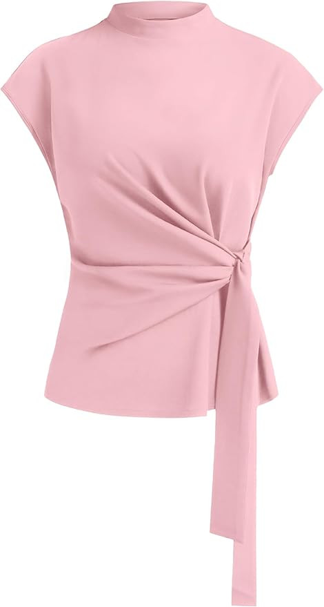 Womens Cap Sleeve Tops 2026 Summer Tie Waist Mock Neck Elegant Blouses Business Dressy Casual Shi... | Amazon (US)