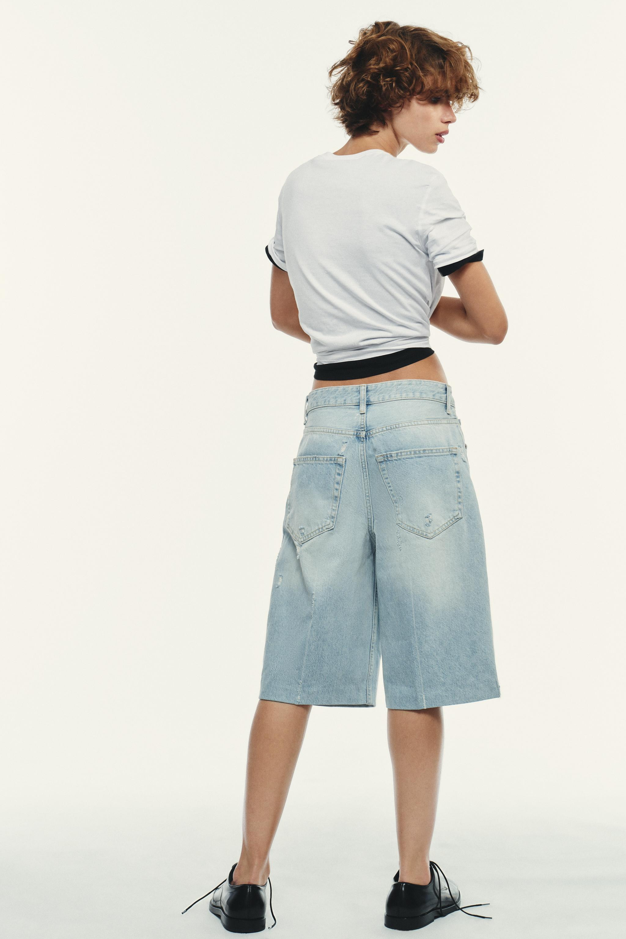 RIPPED MID-RISE TRF DENIM JORTS | Zara US