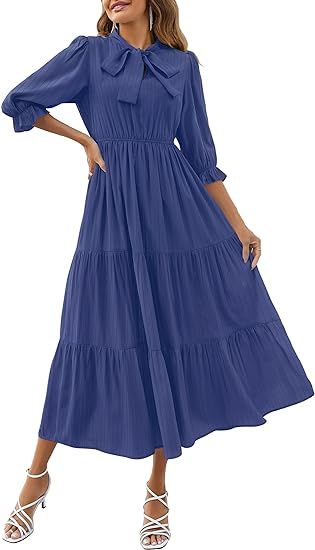 ZESICA Women's Summer V Neck Maxi Dress Casual Short Sleeve Elastic High Tiered A Line Flowy Beac... | Amazon (US)
