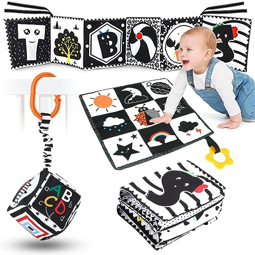 AJsupojouet 3 Pcs High Contrast Baby Toys for Newborn Toys，Black and White Baby Toys 0-3 Months，0-6 6-12 Months Soft Infant Toys Montessori Learning Activities Toys for Babies，Girls Boys Baby Gifts | Amazon (US)