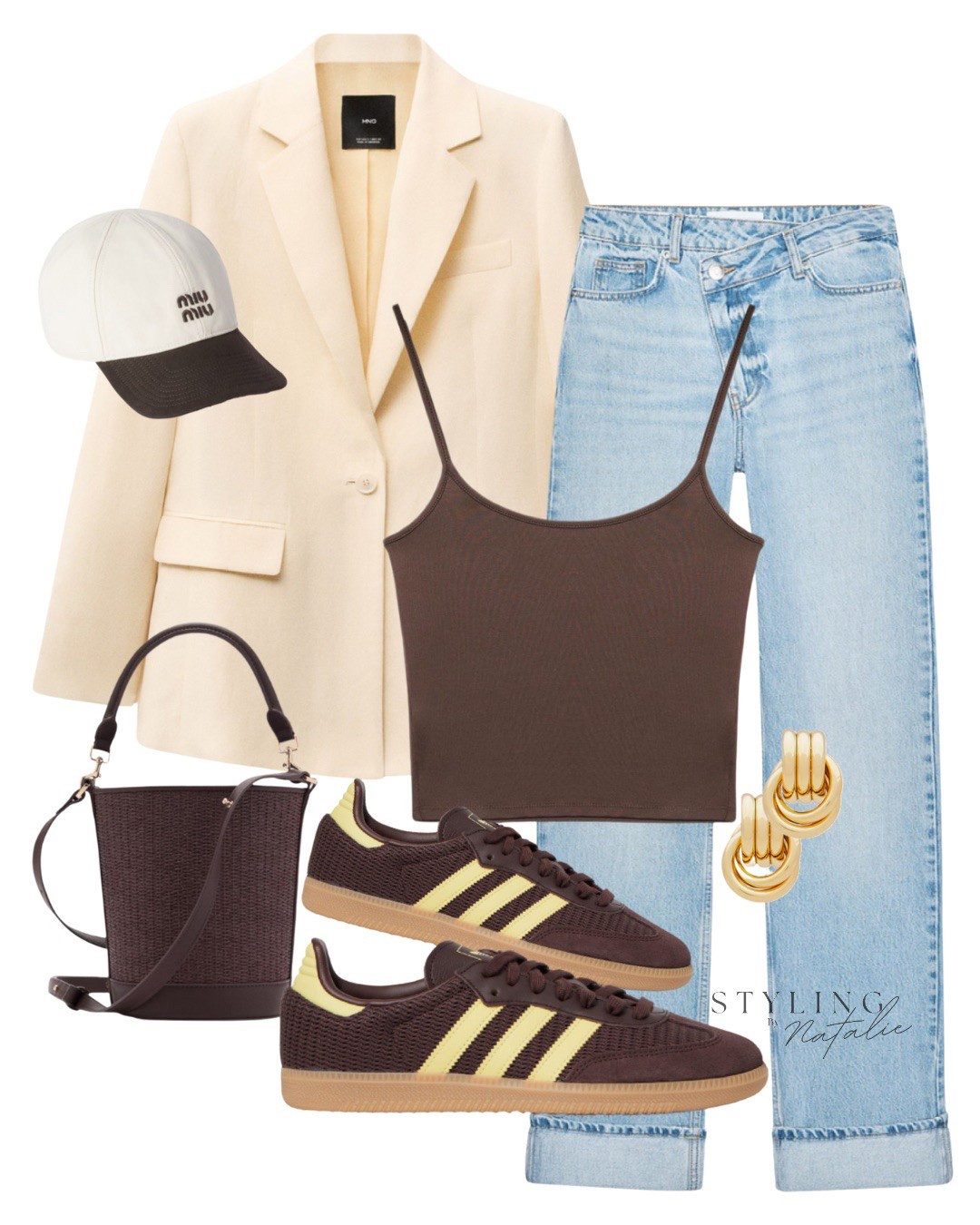 Casual everyday street style.
Butter yellow linen blazer, criss cross waist jeans, strappy vest top, Miu Miu baseball cap, gold earrings, raffia bag and adidas sambas. 


#LTKeurope #LTKstyletip #LTKuk