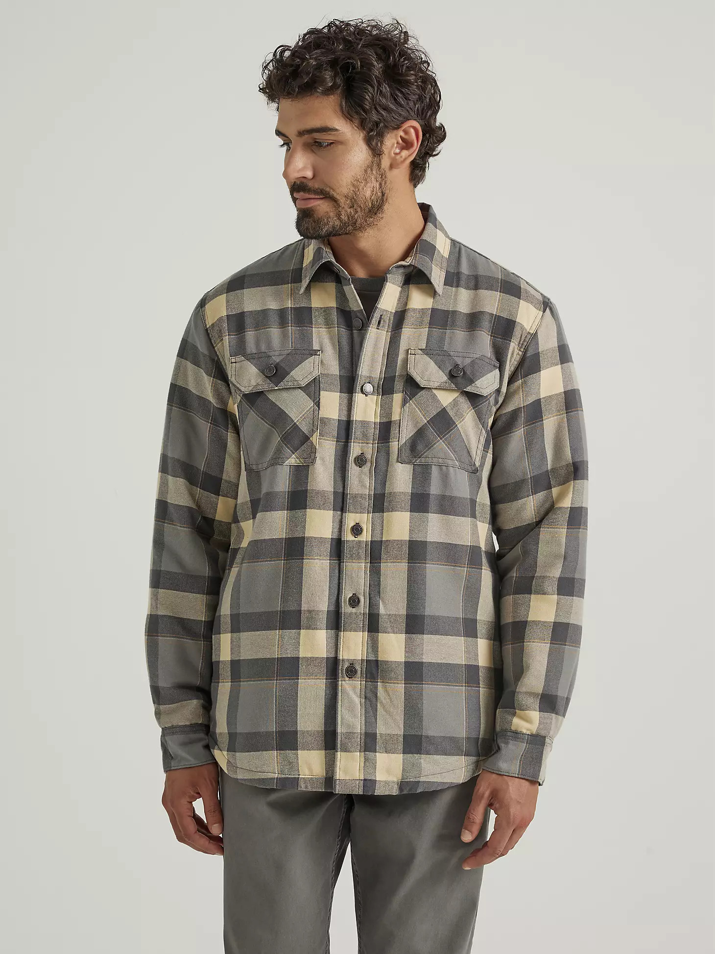 Men's Wrangler® Heavyweight Plaid Sherpa Lined Shirt Jacket in Raven | Wrangler