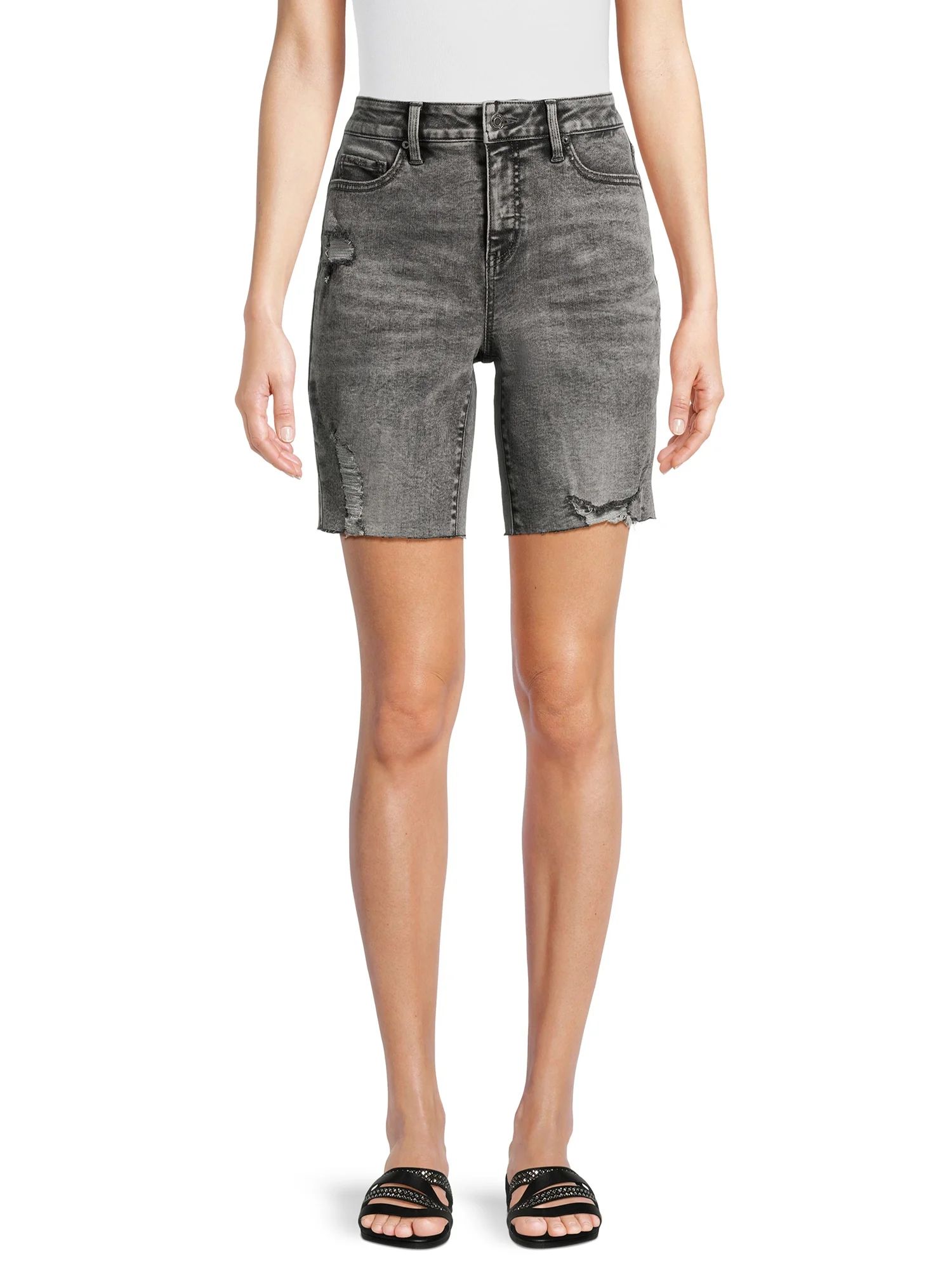 Time and Tru Women's Destructed Hem Denim Bermuda Shorts, 8.5” Inseam, Sizes 2-20 | Walmart (US)