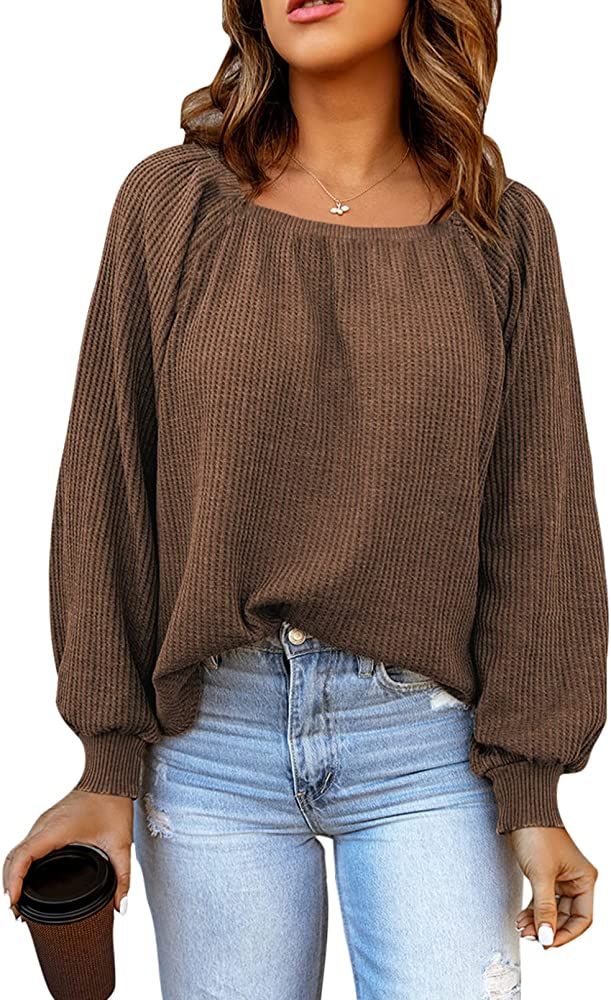 Astylish Womens Square Neck Tops Casual Waffle Knit Lantern Long Sleeve Shirts Pullover Blouse | Amazon (US)
