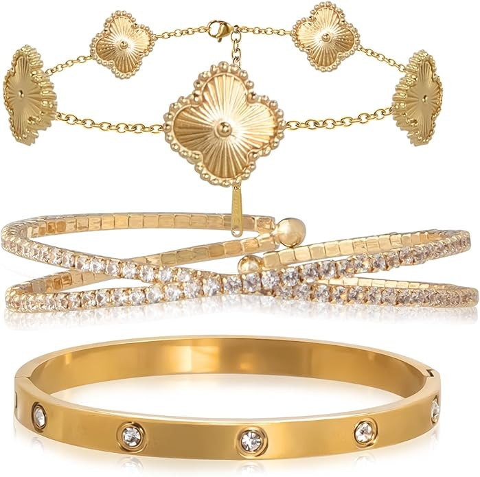 Gold Bracelets for Women Stainless Steel Bracelet 18K Love Bangle for women Cubic Zirconia Cuff G... | Amazon (US)