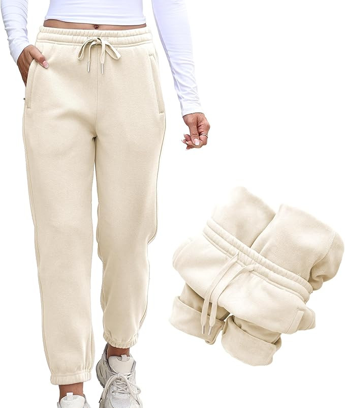Womens Fleece Lined Sweatpants Drawstring Elastic Waistband Winter Warm Joggers Pants with Pocket | Amazon (US)
