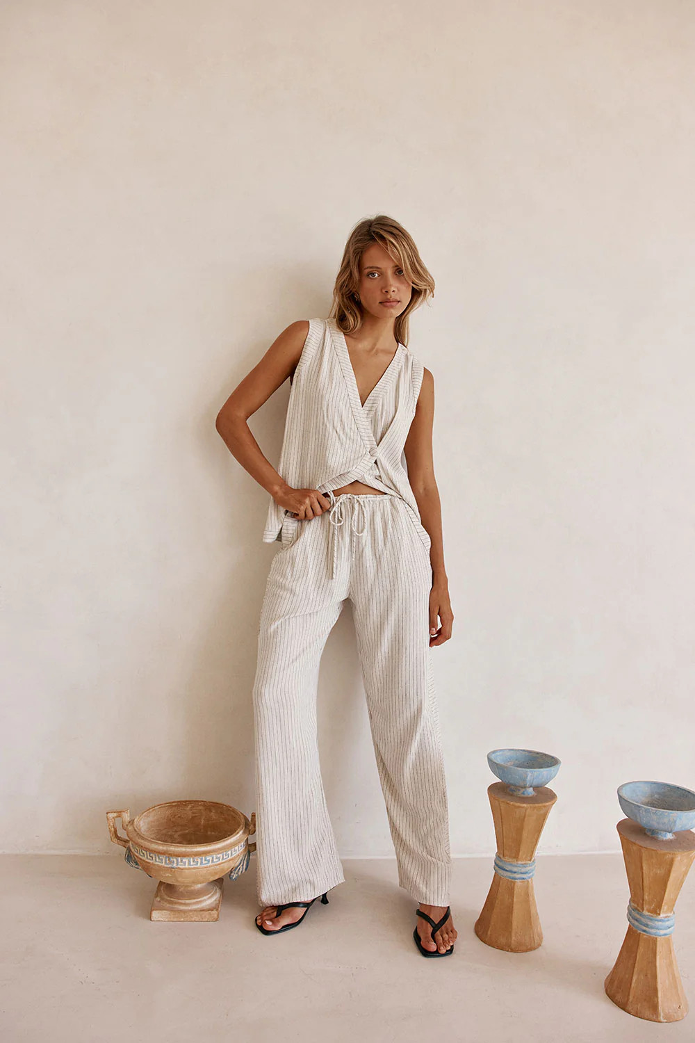 Cream and Black Pinstripe Drawstring Capri Pants | Sabo Skirt AU