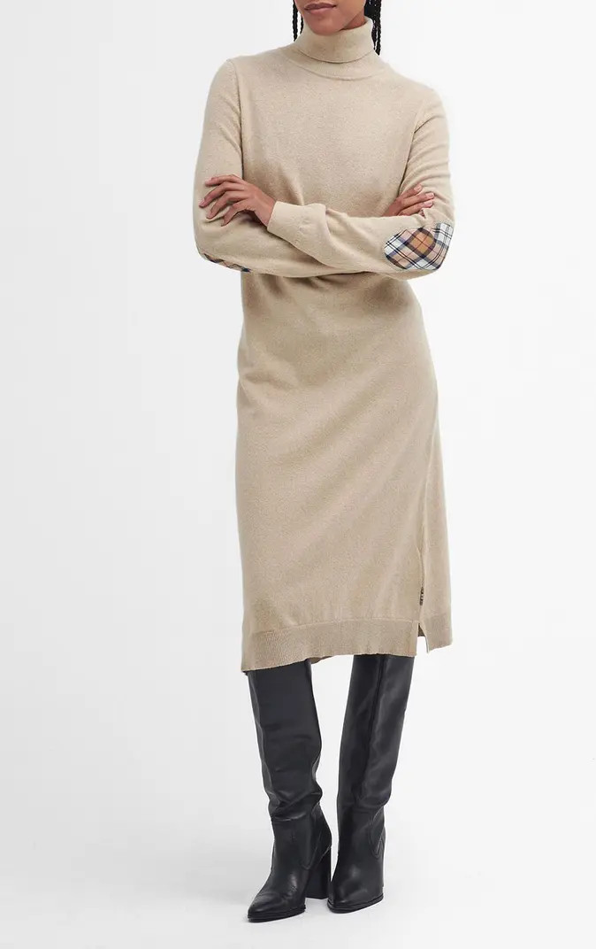 Elbow Patch Long Sleeve Wool & Cotton Turtleneck Midi Sweaterdress | Nordstrom