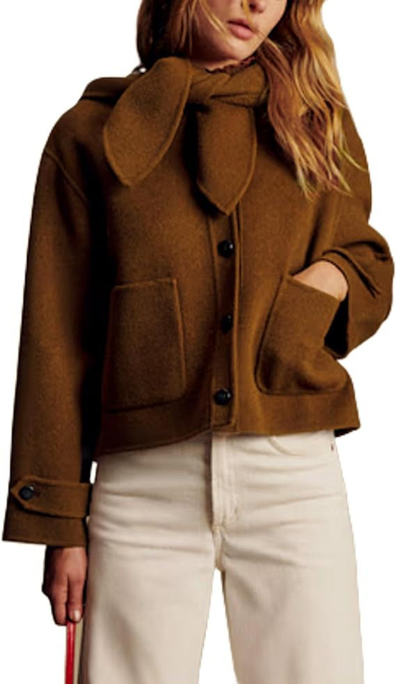 Women's Cropped Wool Blend Hooded Coat Elegant Bow Collar Jacket Single Breasted Casual Outerwear... | Amazon (US)