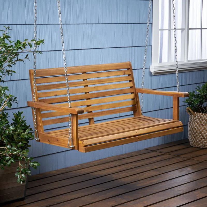 Lamp 2 Person Acacia Solid Wood Porch Swing | Wayfair North America