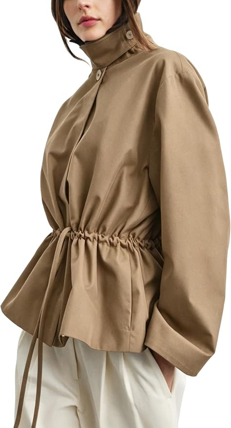 Women Drawstring Parka Jacket Lapel Collar Button Down Short Casual Lightweight Outwear Coat with... | Amazon (US)
