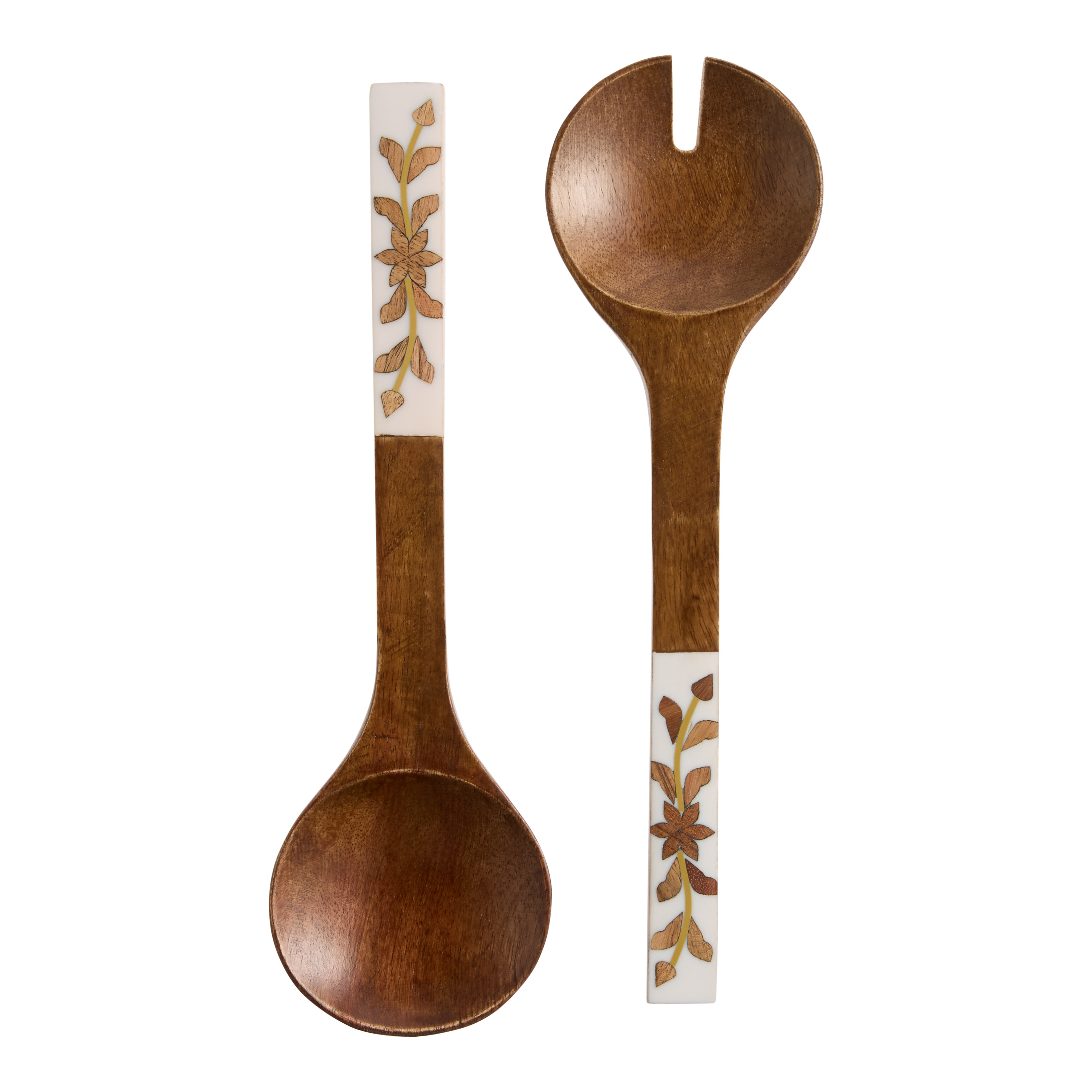White Floral Inlay Wood Salad Servers 2 Piece Set | World Market