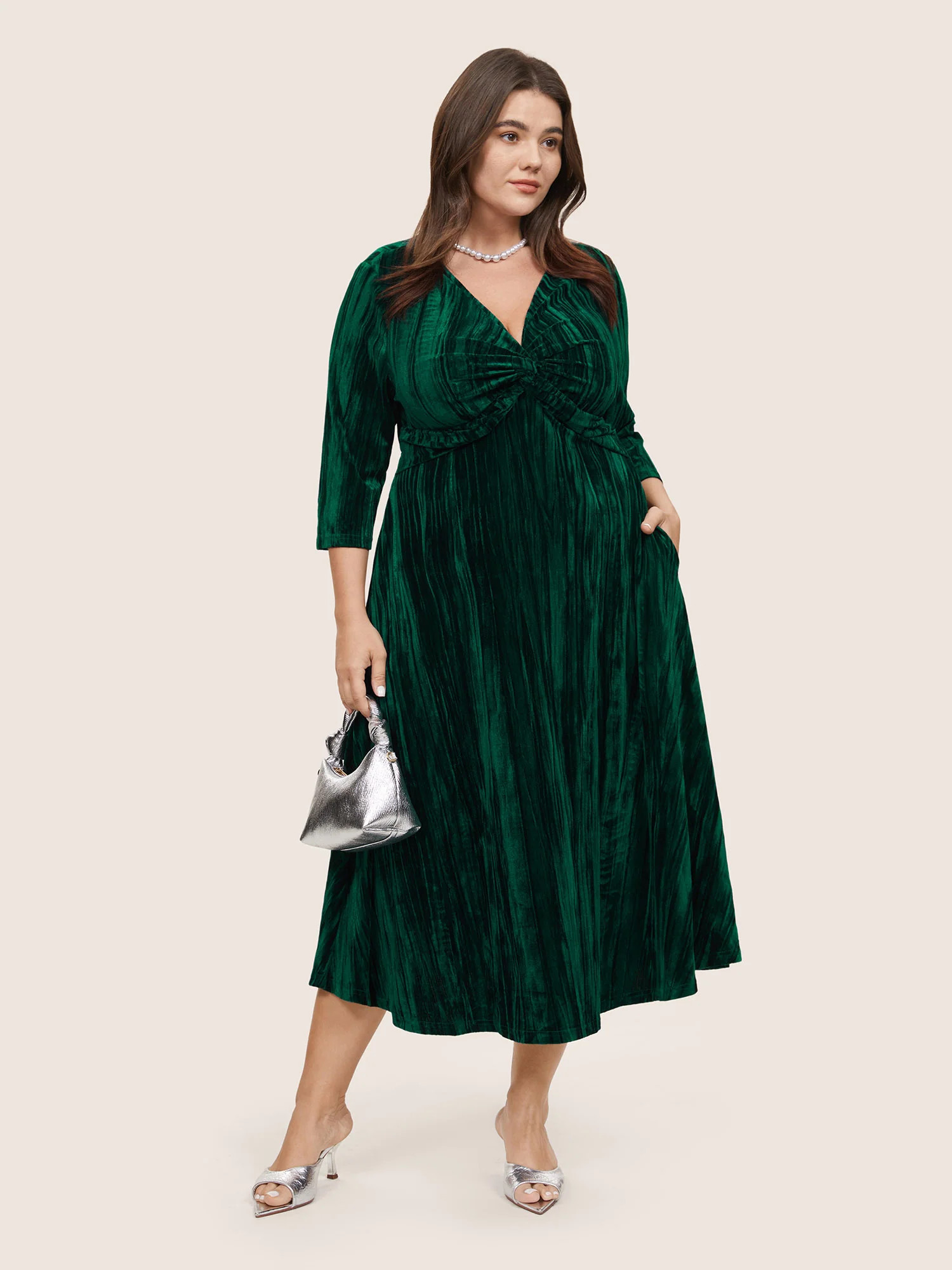 Plain Velvet V Neck Twist Front Dress | Bloomchic