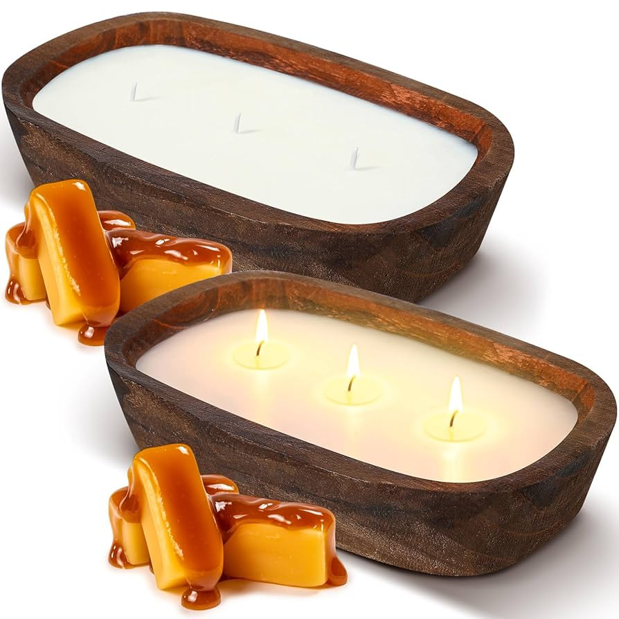 2 Pack Wood Dough Bowl Candle 10 Inch Fall Decorative Candle with 3 Wicks Scented Soy Candles Aut... | Amazon (US)