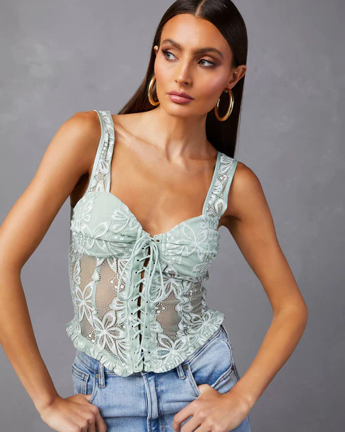 Mystine Floral Lace Up Corset Tank - Green - SALE | VICI