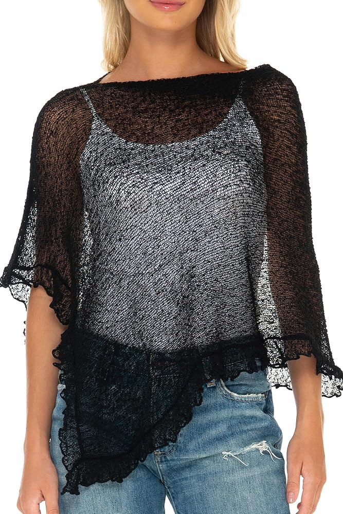 SHU-SHI Womens Sheer Poncho Shrug Lightweight Knit Ruffle Pullover Sweater Top | Amazon (US)