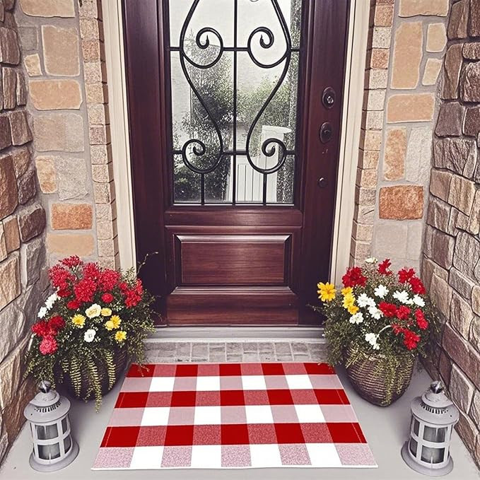 USTIDE Buffalo Check Plaid Doormat Red and White 2'x3'Hand Woven Cotton Plaid Rugs Farmhouse Laye... | Amazon (US)