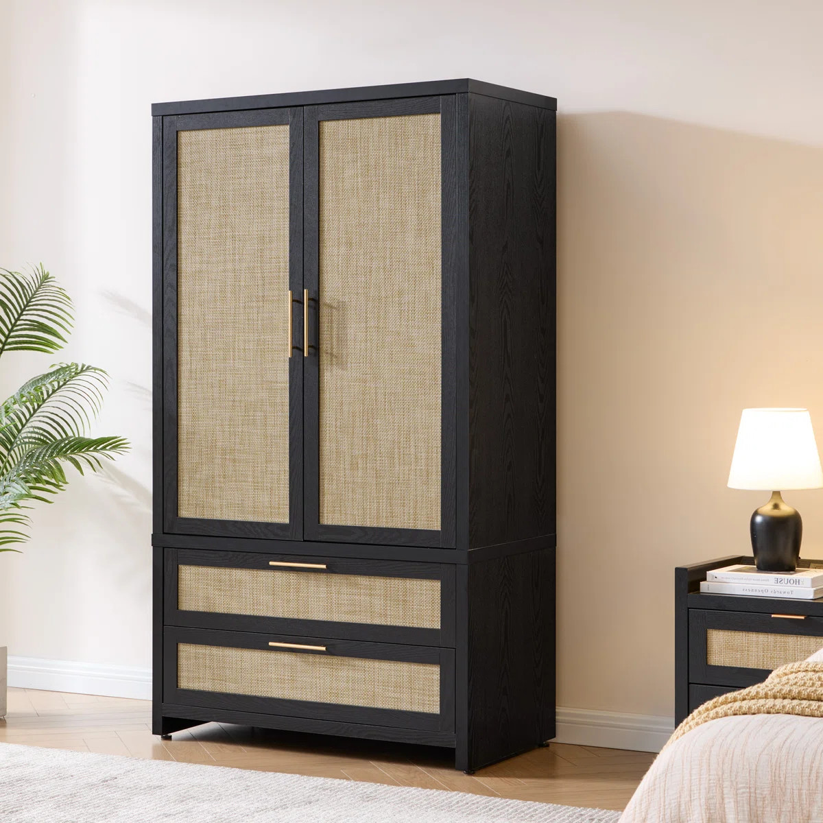 70.86'' H Bohemian - Inspired Rattan Armoire With Adjustable Shelves, Multi - Functional Storage ... | Wayfair North America