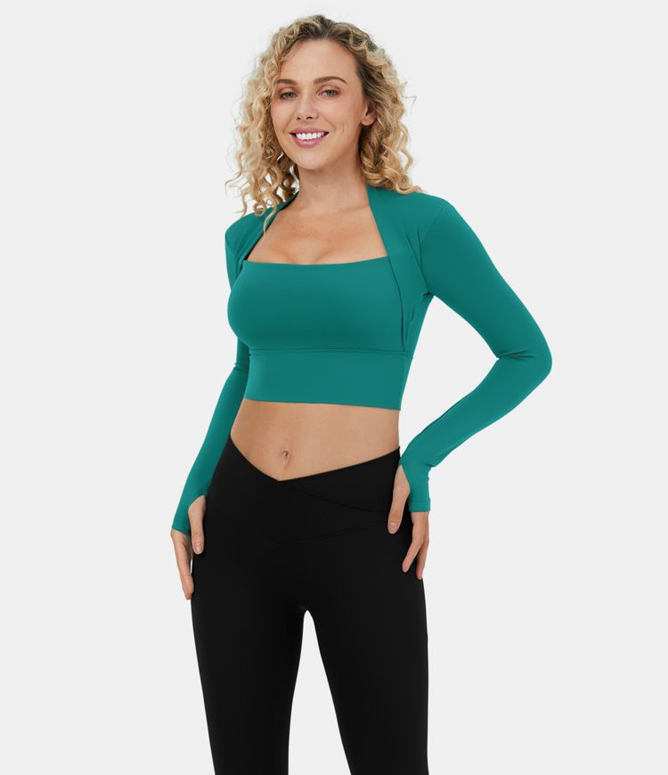 Softlyzero™ Long Sleeve Thumb Hole 2-in-1 Cropped Yoga Sports Top | HALARA