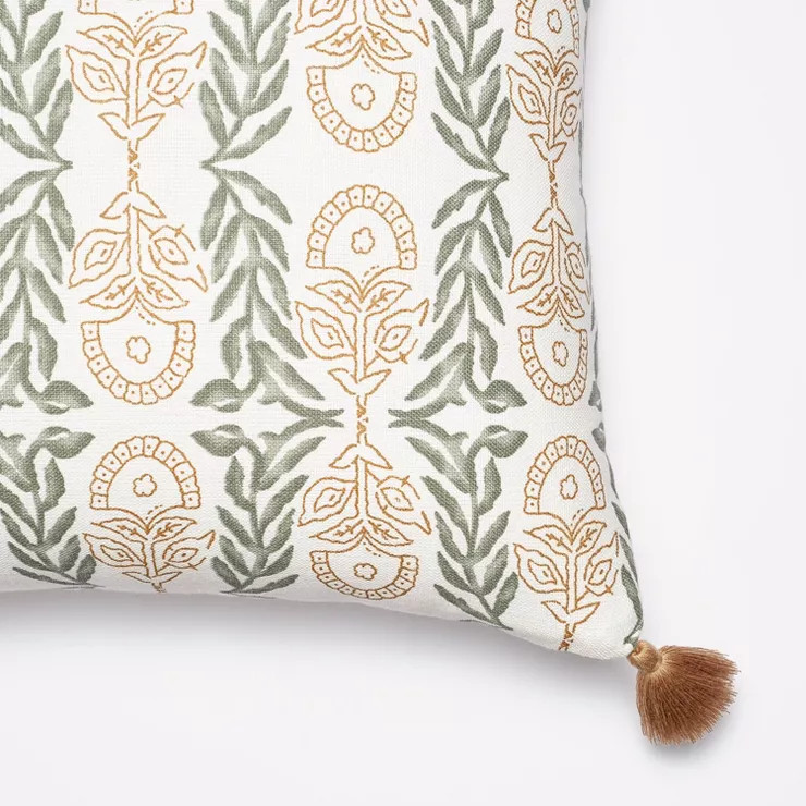 Oversized Oblong Watercolor Wood Block with Tassels Decorative Throw Pillow Camel/Light Teal - Th... | Target