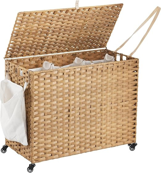Laundry Hamper with Wheels, 52.8 Gallon(200L) Rolling Laundry Basket with Lid, 3-Section Rattan C... | Amazon (US)