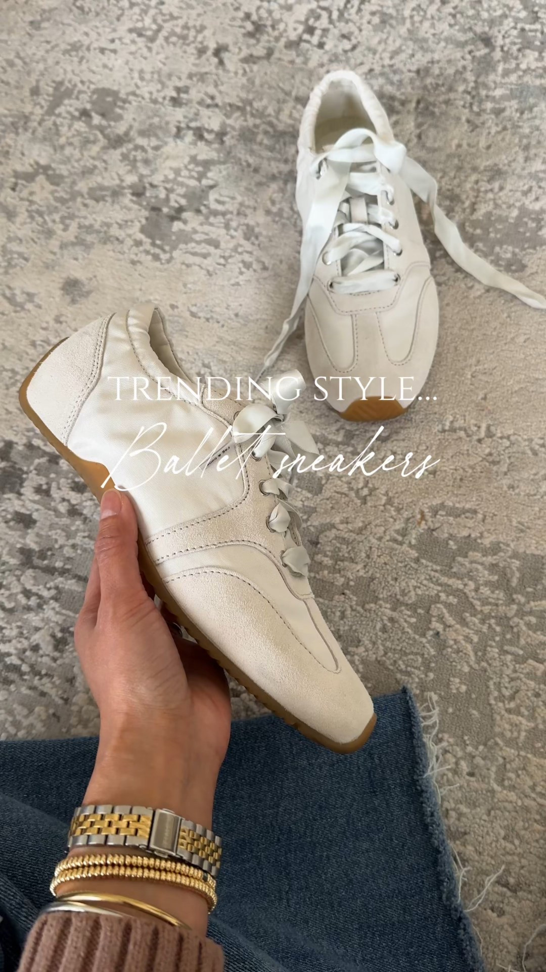 Spring shoes. Spring sneakers. Ballet sneakers. 
Exact pair is an investment shoe. True to size. Comes with regular round laces as well to wear the two textured laces look or to wear separately. Sole is very flexible with a built in orthotic like feel. 
I love the look of satin ribbon laces. If you already have a pair of slim profile sneakers, you can get some new ribbon laces to create this trending look  

#LTKOver40