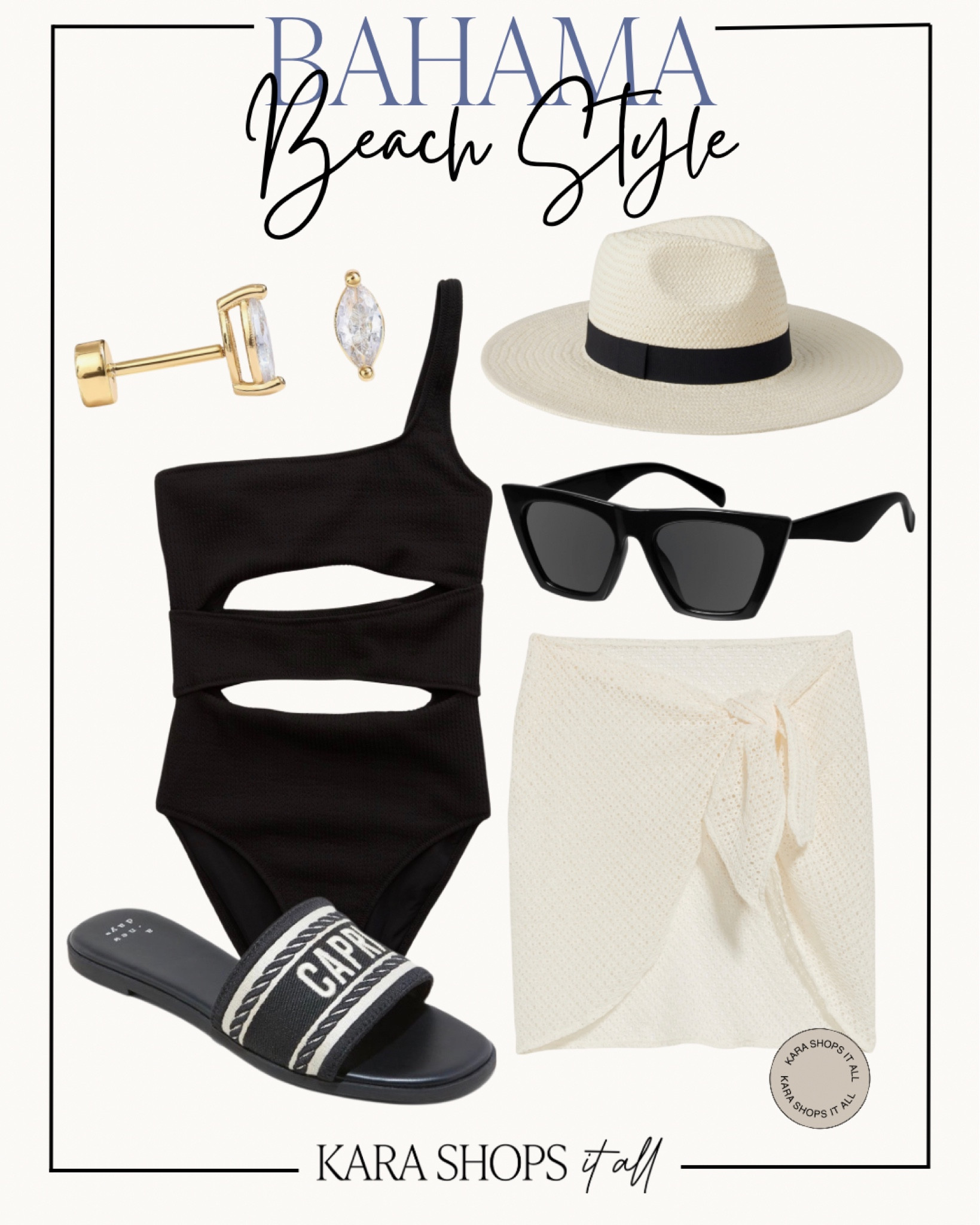 Classy Bahama beach style! Black one shoulder swimsuit, cream coverup skirt, black sandals, gold studs, black sunglasses, and more! 
#Beachoutfit #Vacationstyle 

#LTKSeasonal #LTKstyletip #LTKsalealert