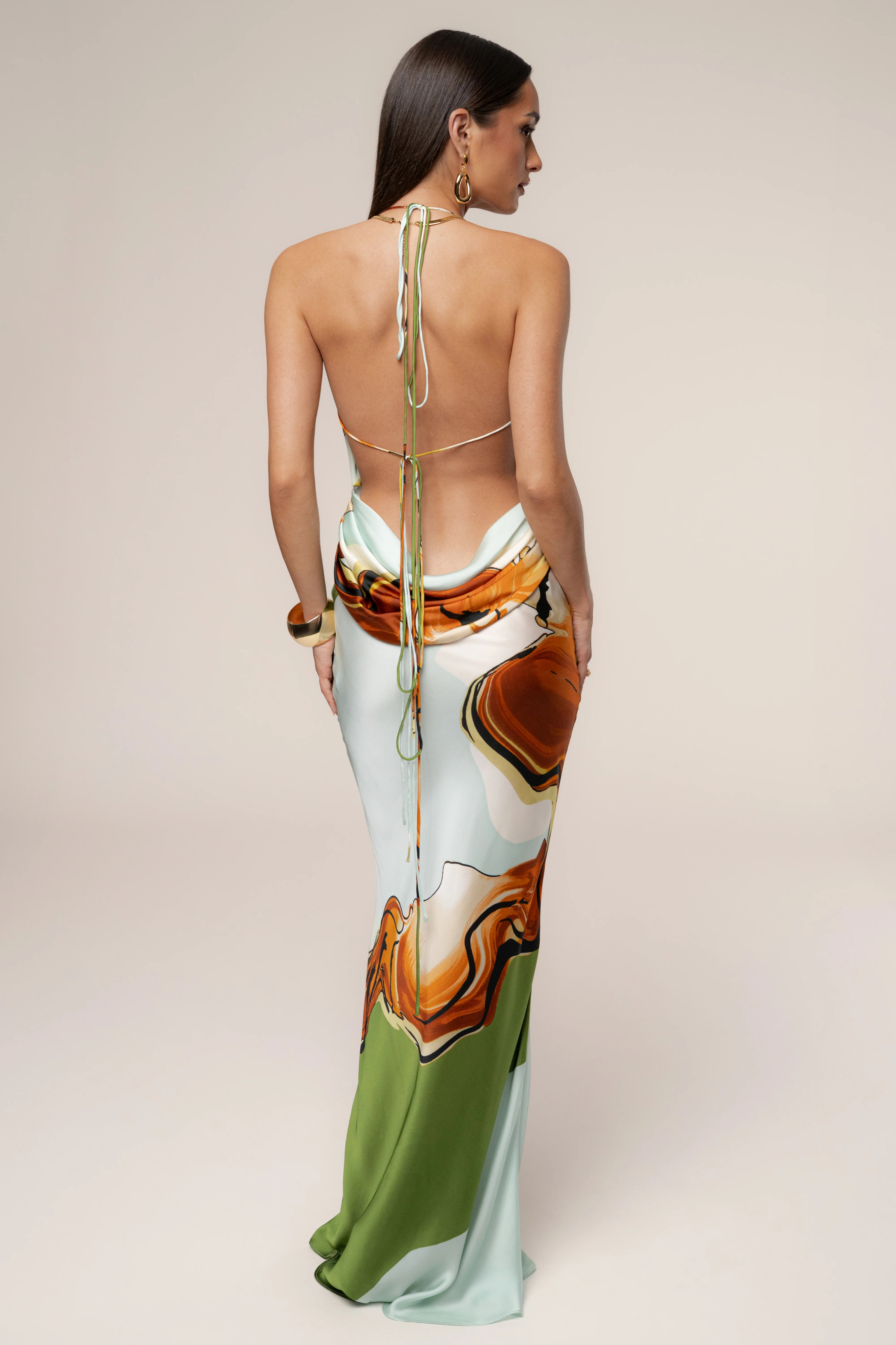 Green Tropical Print Golden Touch Satin Dress XS | JLUXLABEL