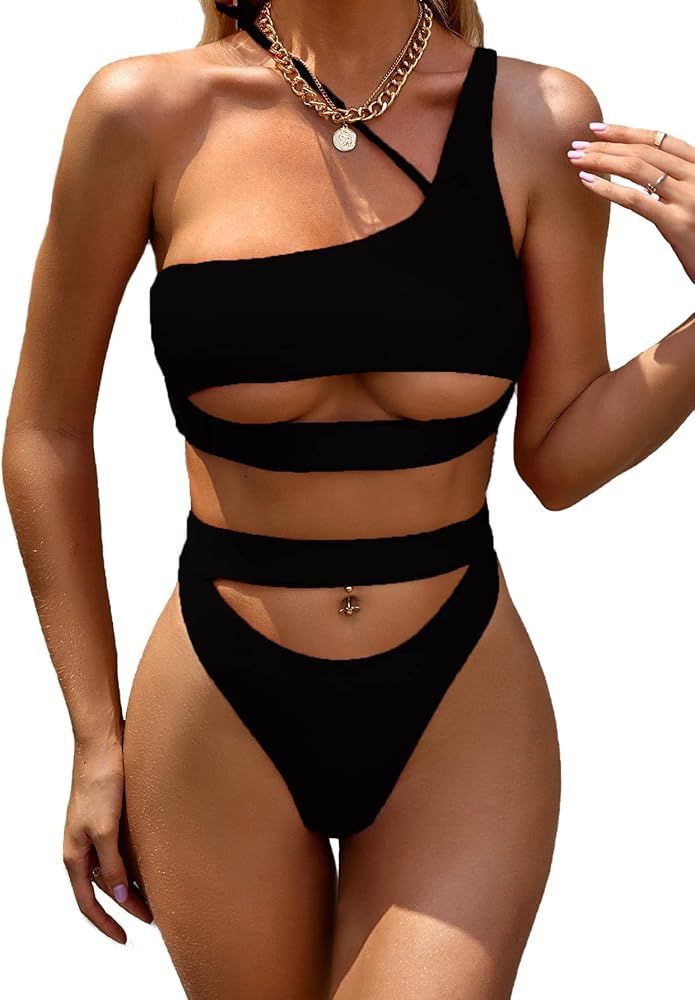 Lilosy Sexy Cutout One Shoulder Bikini Swimsuit Set for Women Brazilian Bathing Suit... | Amazon (US)