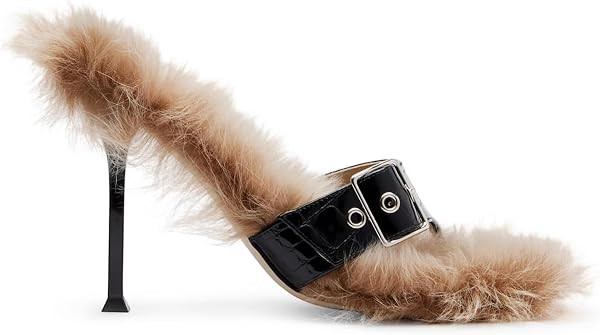 Furry Stiletto Thong Sandals for Women Buckle Strap Round Open Toe Slip On Mules Club Party Dress... | Amazon (US)