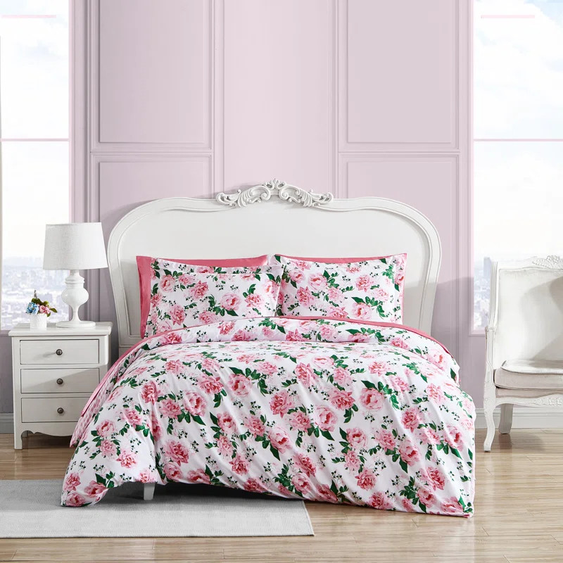 Blooming Roses Pink Microfiber Reversible Duvet Cover Set | Wayfair North America