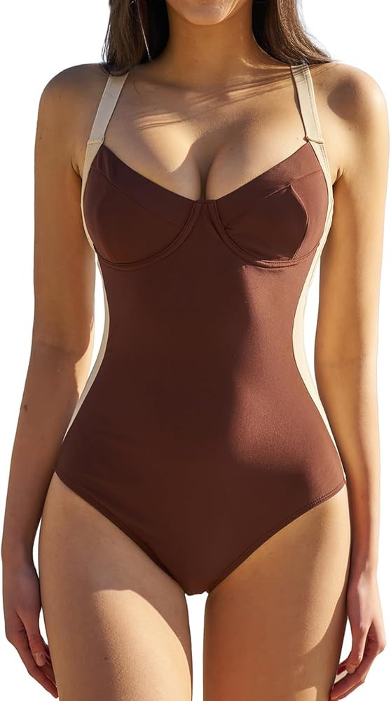QINSEN Womens Color Block One Piece Bathing Suit V Neck Seamed Cup Swimsuit Lace Up Back Monokini | Amazon (US)