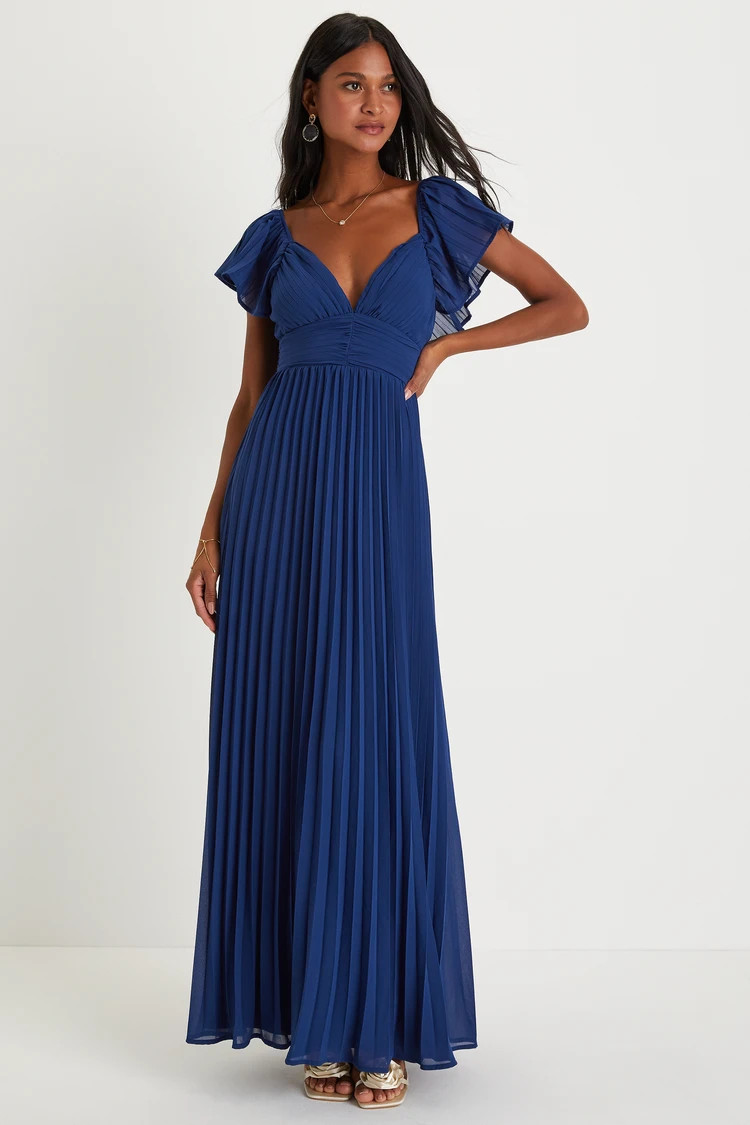 Ideal Occasion Blue Pleated Flutter Sleeve Backless Maxi Dress | Lulus