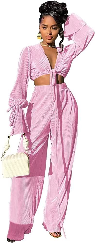 Fastkoala Women's Two Piece Outfits Casual Long Sleeve Tracksuits Sets Sexy Crop Tops Pants Set S... | Amazon (US)