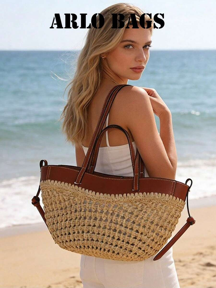 Minimalist Beach Travel Tote Bag, Durable Raffia Material, Easy-To-Clean Leather Trim And Spaciou... | SHEIN