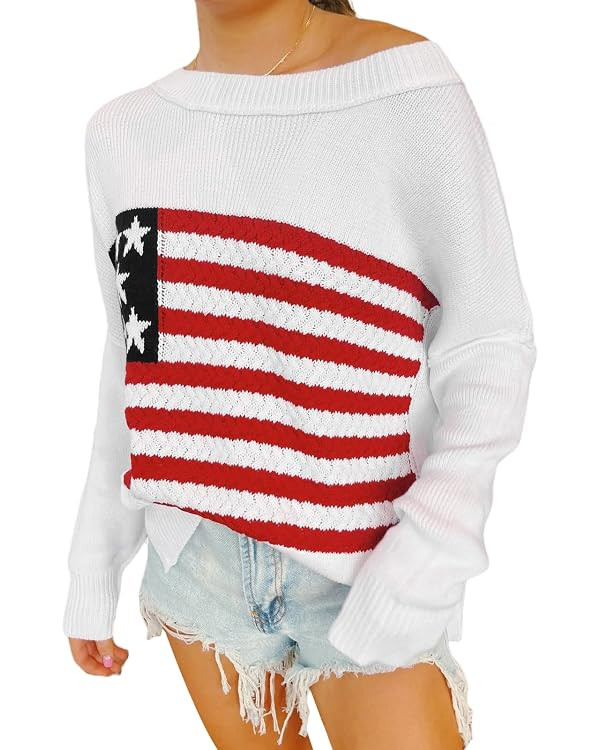 American Flag Sweater for Women Long Sleeve Hollow Out Knit Pullover Casual Loose 4th of July Jum... | Amazon (US)