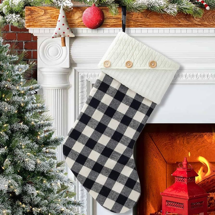 EDLDECCO 20 Inches Christmas Stocking Buffalo Check with Knitted Cuff Black and White Plaid Home ... | Amazon (US)