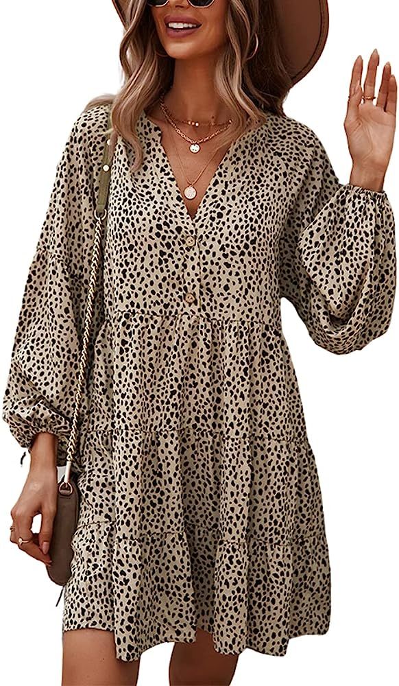 MOPOOGOSS Womens Fall Winter Sexy V Neck Long Puff Sleeve Leopard Print Casual Loose Flowy Swing ... | Amazon (US)