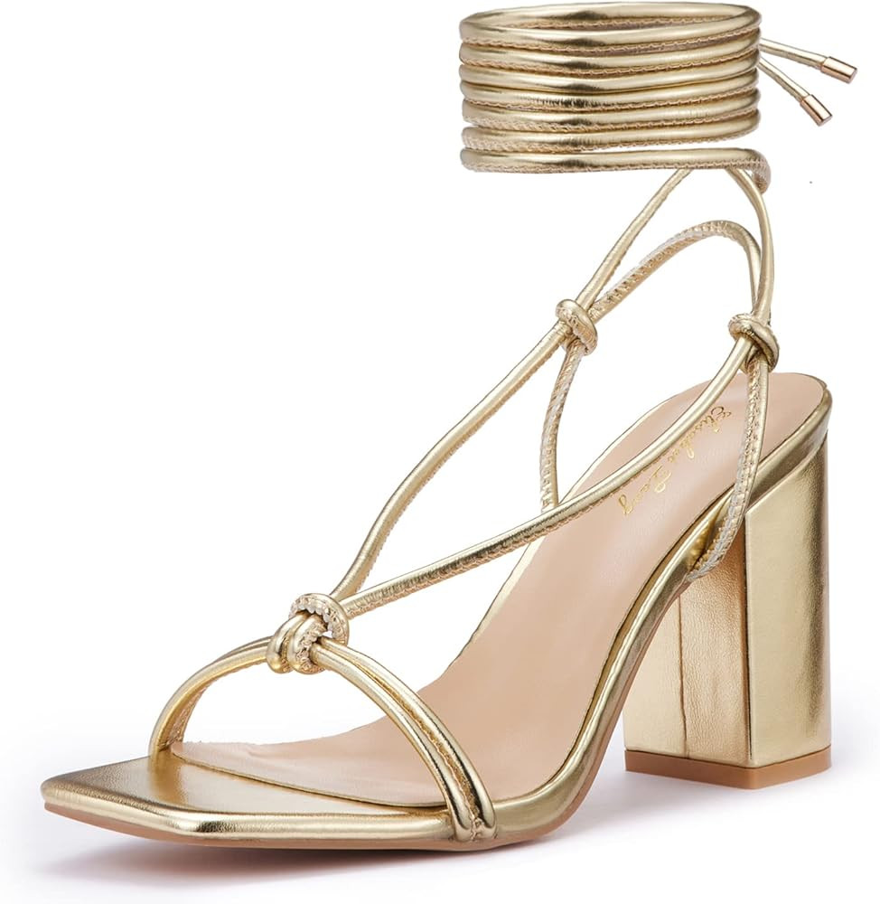 Elisabet Tang Women's Strappy Chunky Heels Sandals, Lace Up 3 inch Low Block Heels Ankle Wrap Hee... | Amazon (US)