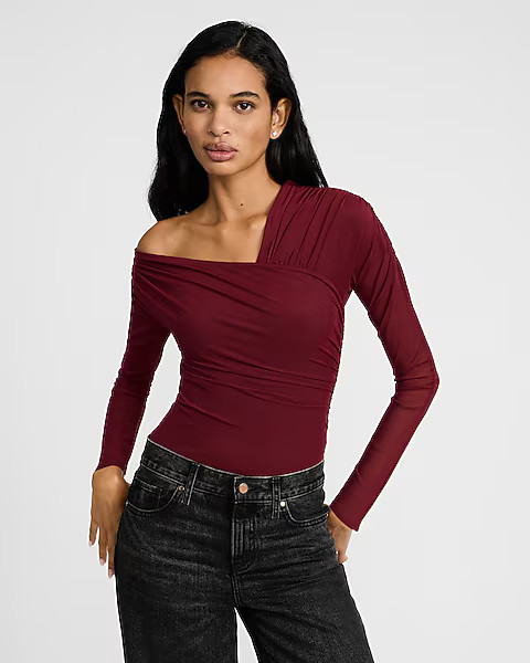 Mesh Asymmetrical Off the Shoulder Long Sleeve Ruched Bodysuit | Express
