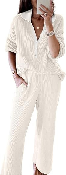 SHEWIN Womens 2 Piece Outfits Sweater Set Long Sleeve Knit Pullover Sweater Top Wide Leg Pants Lo... | Amazon (US)