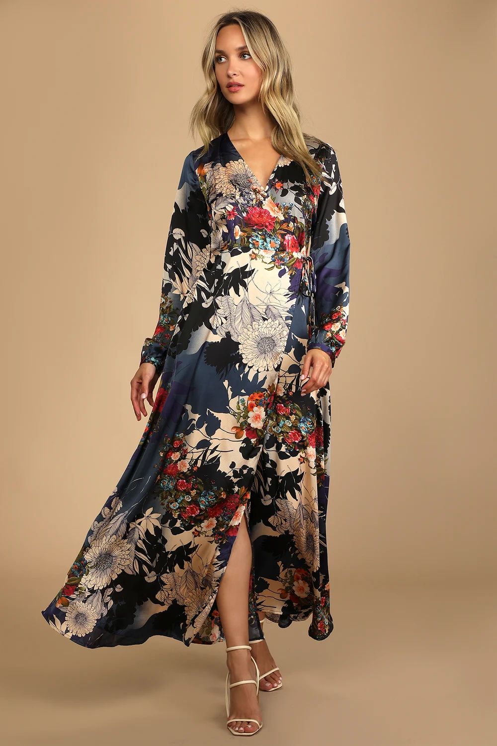 Put on a Smile Blue Floral Print Satin Wrap Maxi Dress | Lulus (US)