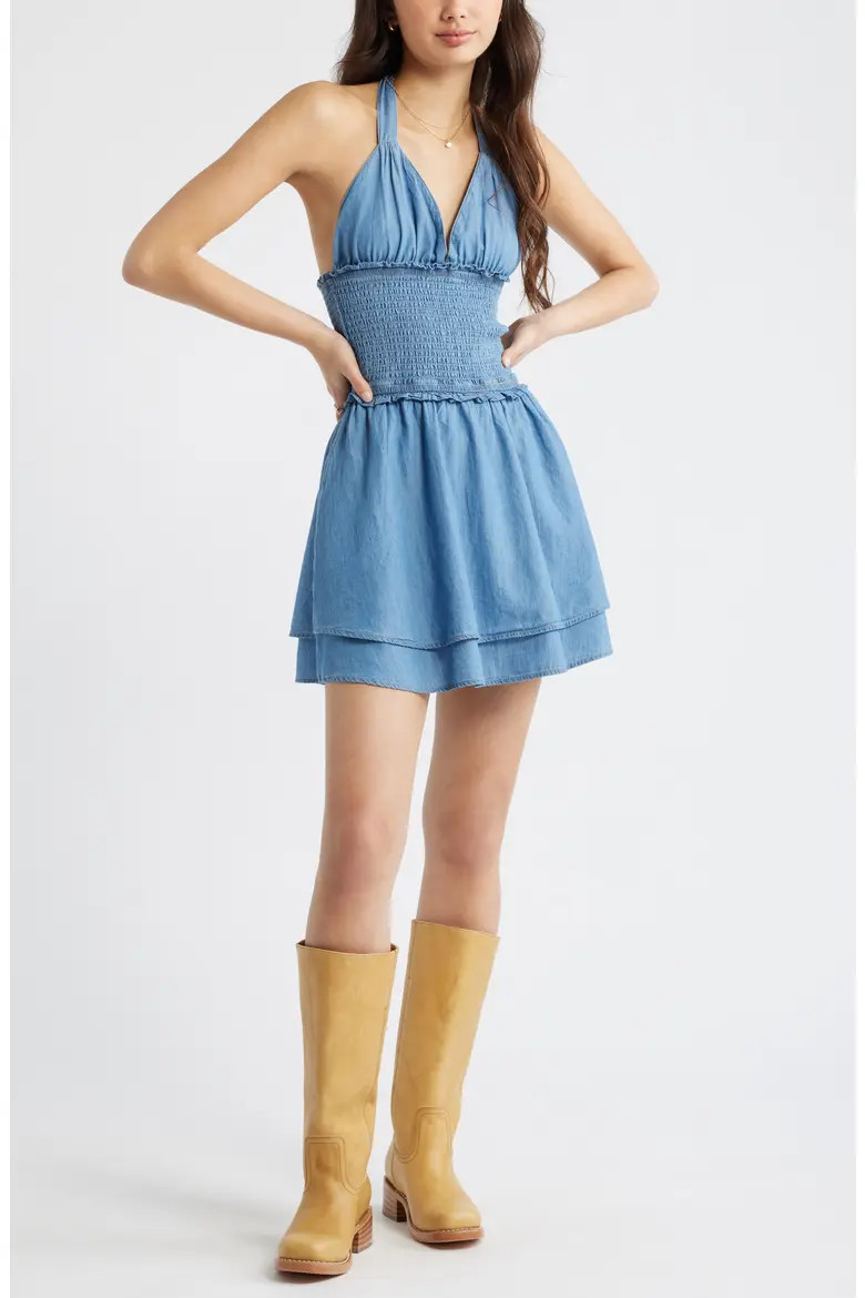 Tie Neck Tiered Halter Denim Minidress (Women) | Nordstrom | Nordstrom