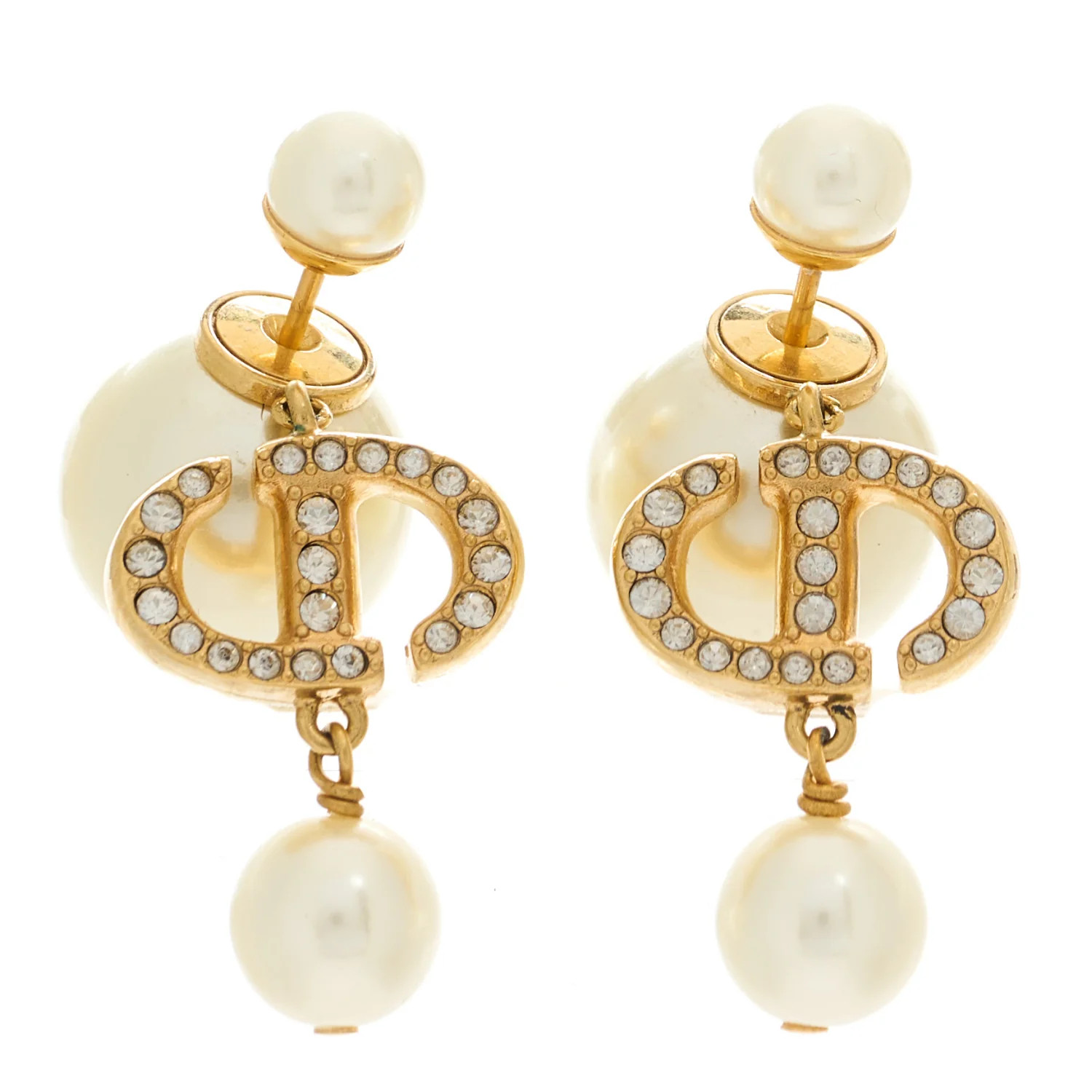 CHRISTIAN DIOR Pearl Crystal Tribal CD Drop Earrings Gold | FASHIONPHILE | FASHIONPHILE (US)
